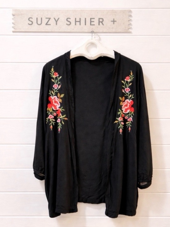 Suzy Shier Sweaters - SUZY SHIER Black Floral Embroidered Kimono Cardigan XL/1X